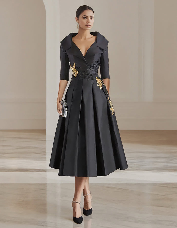 floral applique formal dress Elegant Satin Midi with Embroidered Appliqué and Folded L – Alizua wearable art Plunge Metallic Bodycon Maxi Color:Grey White Oak