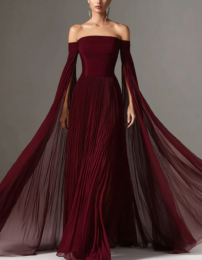 chiffon burgundy maxi dress Pleated Off-shoulder Designed to be admired Jade Collection Brown Chiffon Drape Pleated Women's Size:Euro 44 = US 12