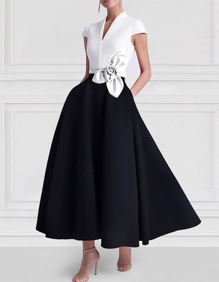 A-line Short-sleeved V-neck Satin Midi Dress – Alizua