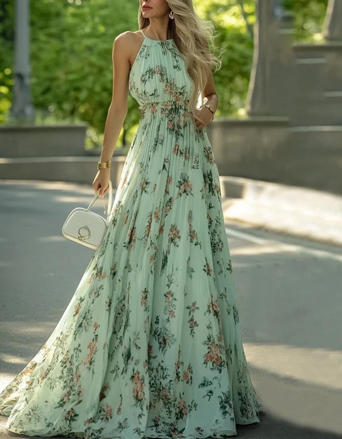 light green halter dress Light Green Floral Halter Neck Maxi Dress – Alizua