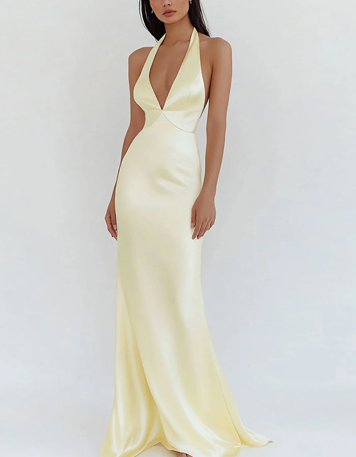 Light Yellow Satin Bodycon Halter V Neck Long Bridesmaid Dress