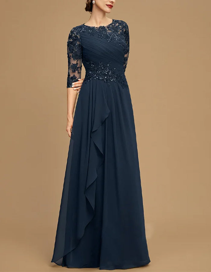Dark Blue Round Neck Chiffon Lace Maxi Dress