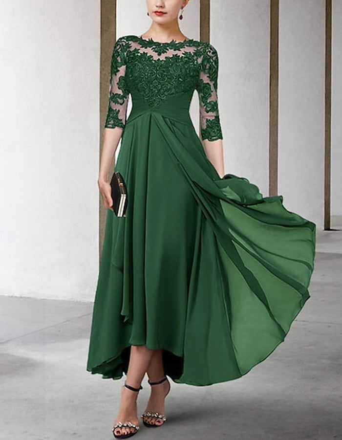 A-line Asymmetric Chiffon Lace Half Sleeve Midi Dress