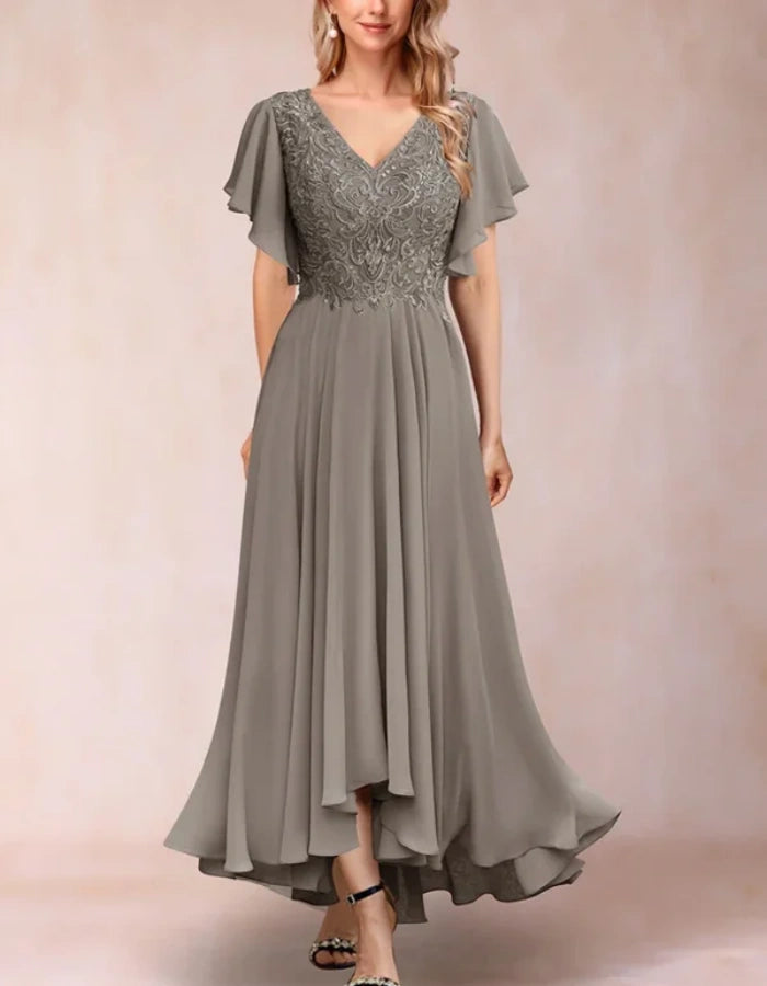 A-line V-neck Short Sleeved Chiffon Maxi Dress
