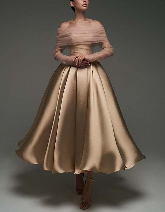 A-line Satin Removable Mesh Shawl Midi Dress