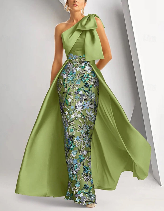 Vestido maxi ceñido de raso y lentejuelas con un solo hombro