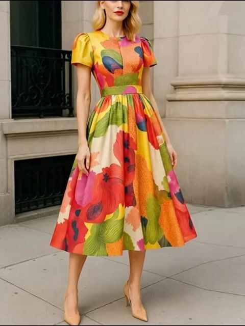 Vibrant Multicolor Satin Midi Dress with Puff Sleeves and Pleated Skirt