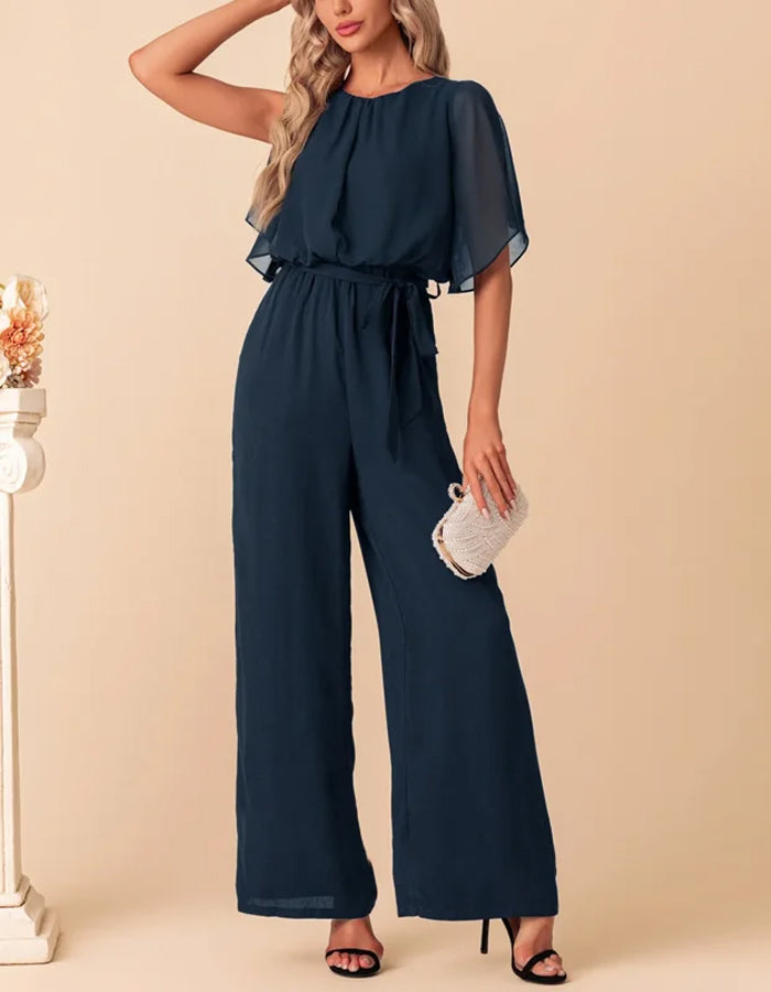 Navy Blue Chiffon Jumpsuit with Flowing Sleeves and Waist Tie