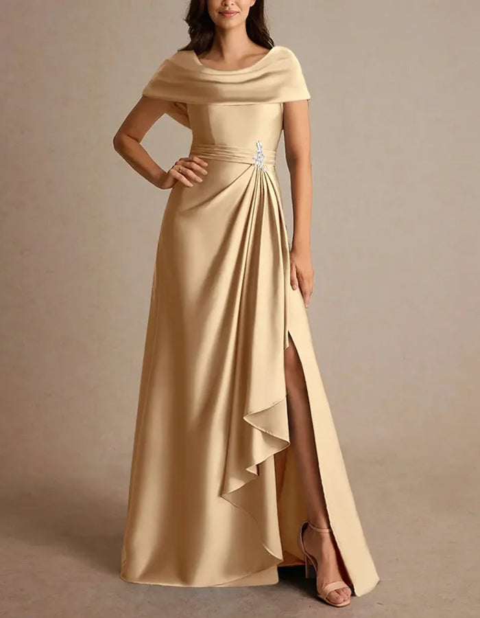 Champagne Silk Short Sleeves  Maxi Dress