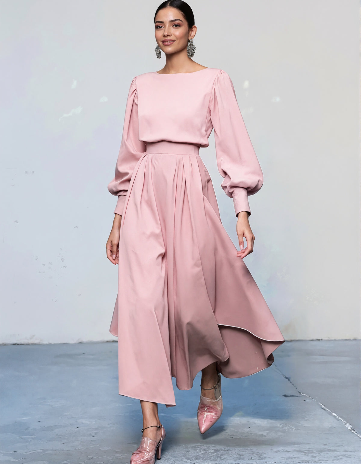 Round Neck Long Sleeves Solid Color Midi Dress