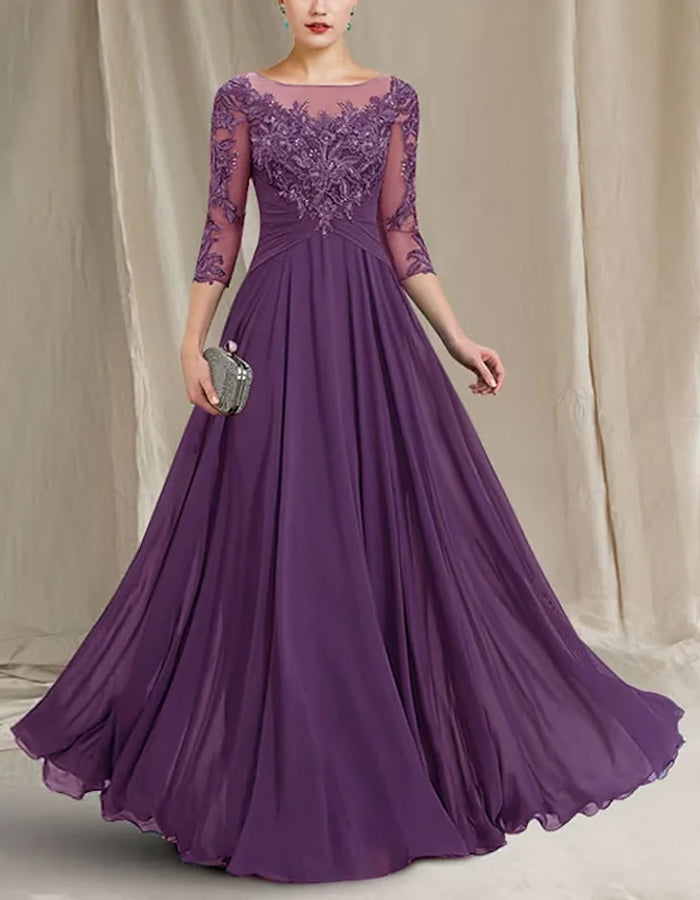 Round Neck Solid Color Chiffon Lace Three-quarter Sleeve Maxi Dress