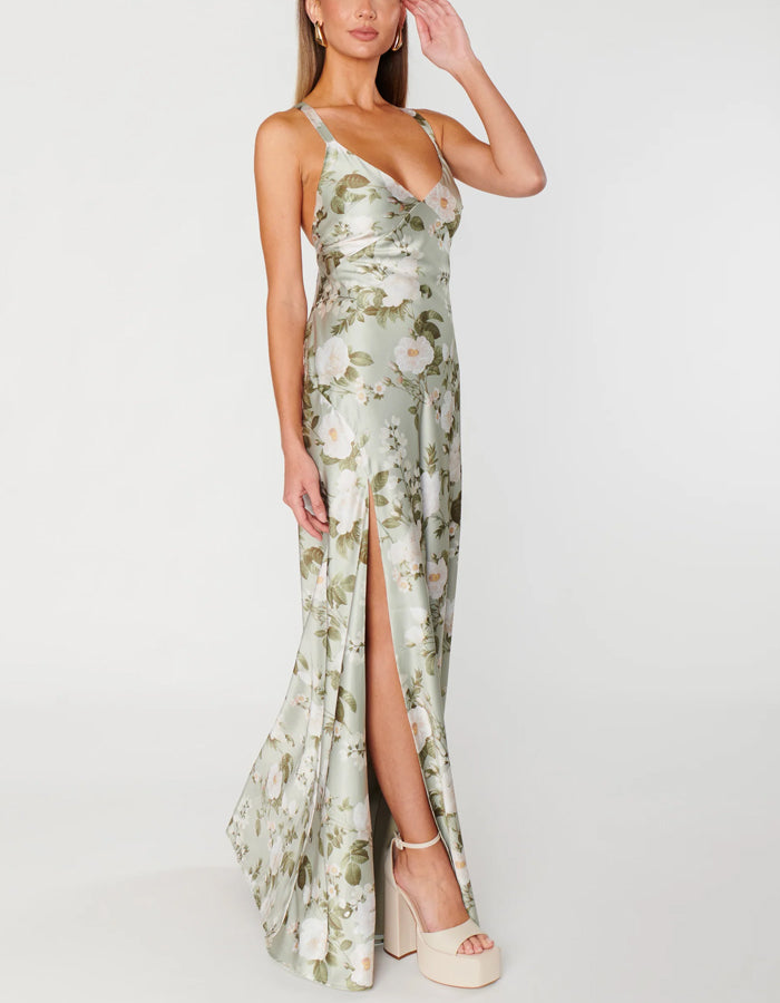 Light Green Floral Pattern V-neck Bridesmaid Dress