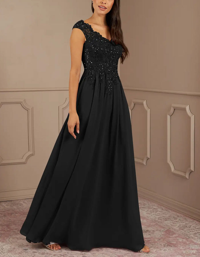 Black Sequined Chiffon A-Line V-Neck Maxi Dress