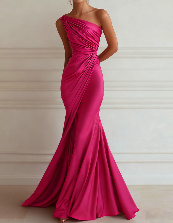 Vestido maxi de satén elástico plisado con un hombro