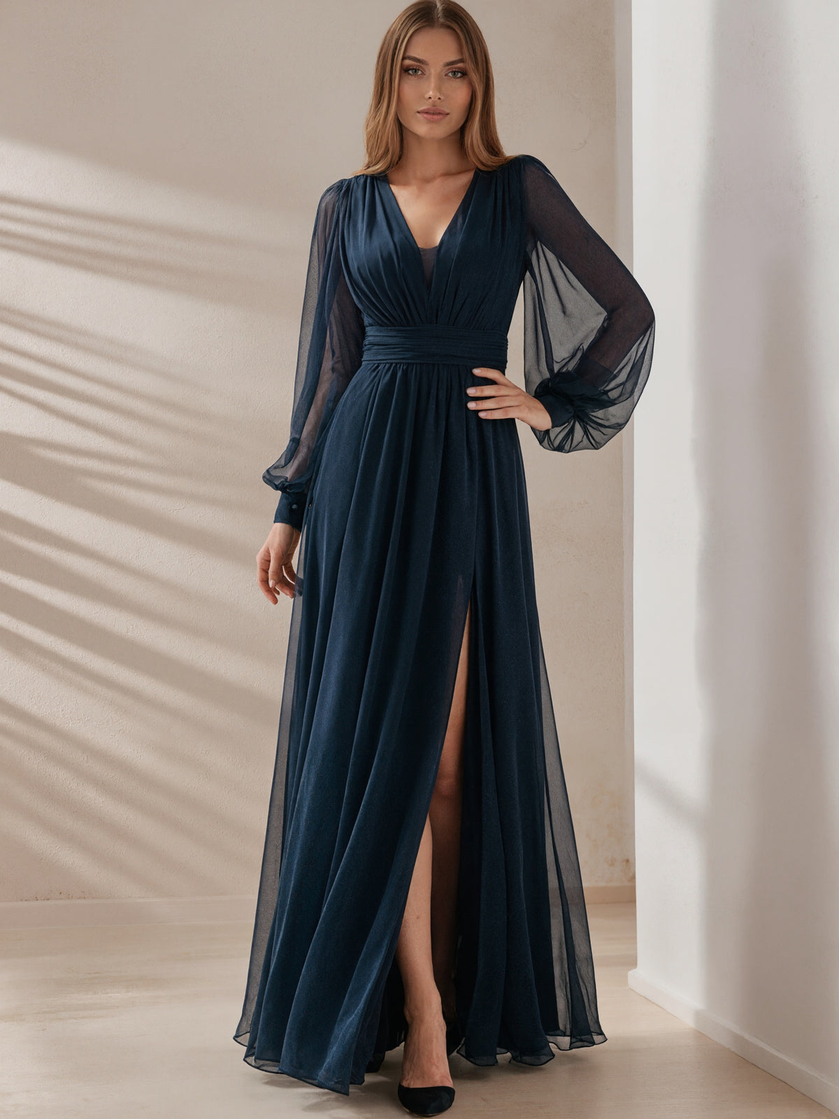 Dark Blue Long Sleeved Chiffon Maxi Dress