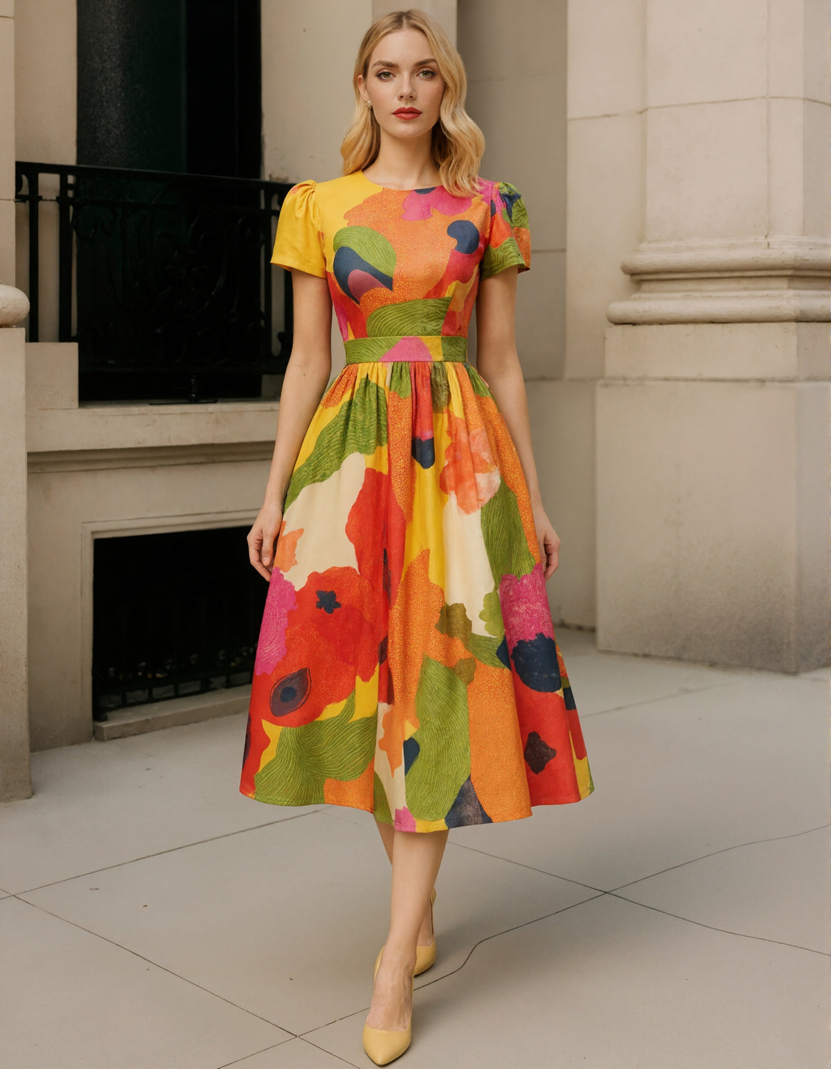 Robe midi en satin multicolore éclatant avec manches bouffantes et jupe plissée