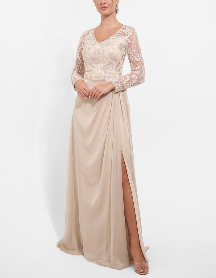Apricot V-neck Lace And Chiffon Dress