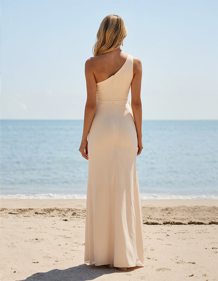 Apricot Fitted One Shoulder Long Pleated Slit Bridesmaid Dress