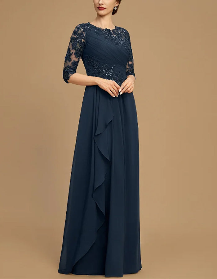 Robe longue en mousseline et dentelle bleu foncé à col rond