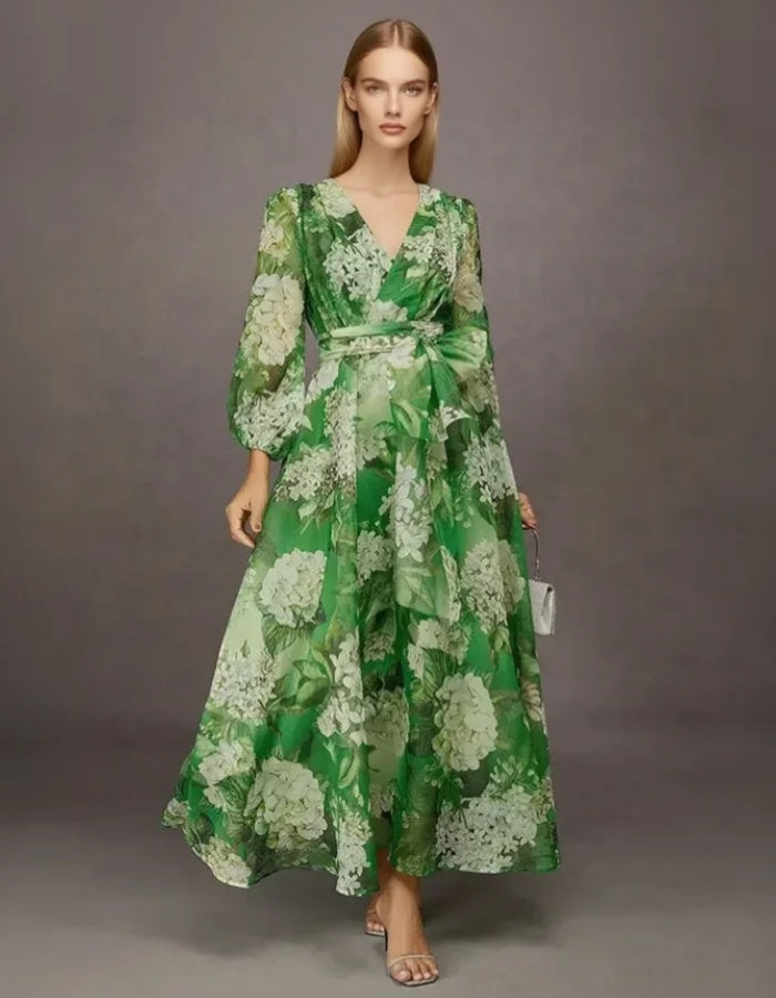 Deep V Neck Green Floral Long Sleeve Midi Dress