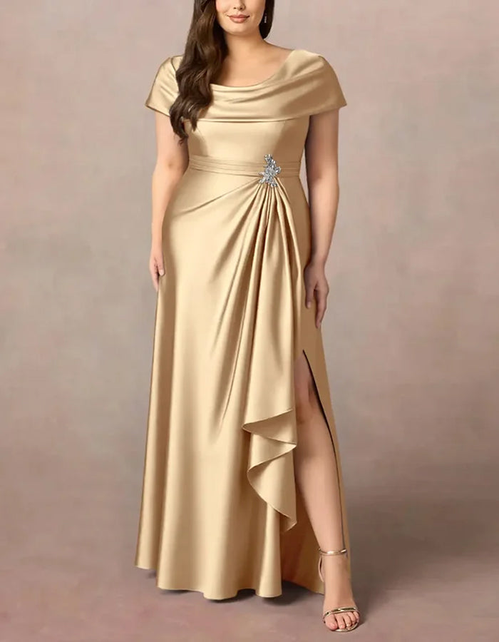 Champagne Silk Short Sleeves  Maxi Dress