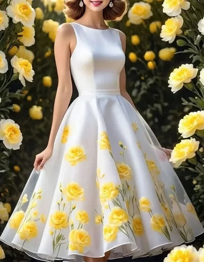 Elegant White Organza Dress with Yellow Floral Print and Sleeveless Bodice