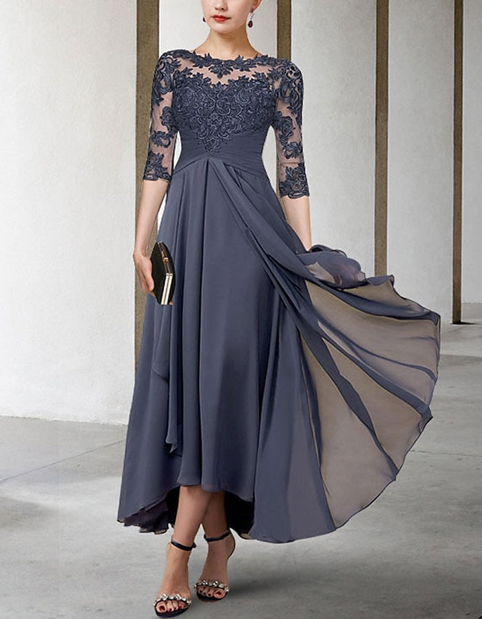 A-line Asymmetric Chiffon Lace Half Sleeve Midi Dress