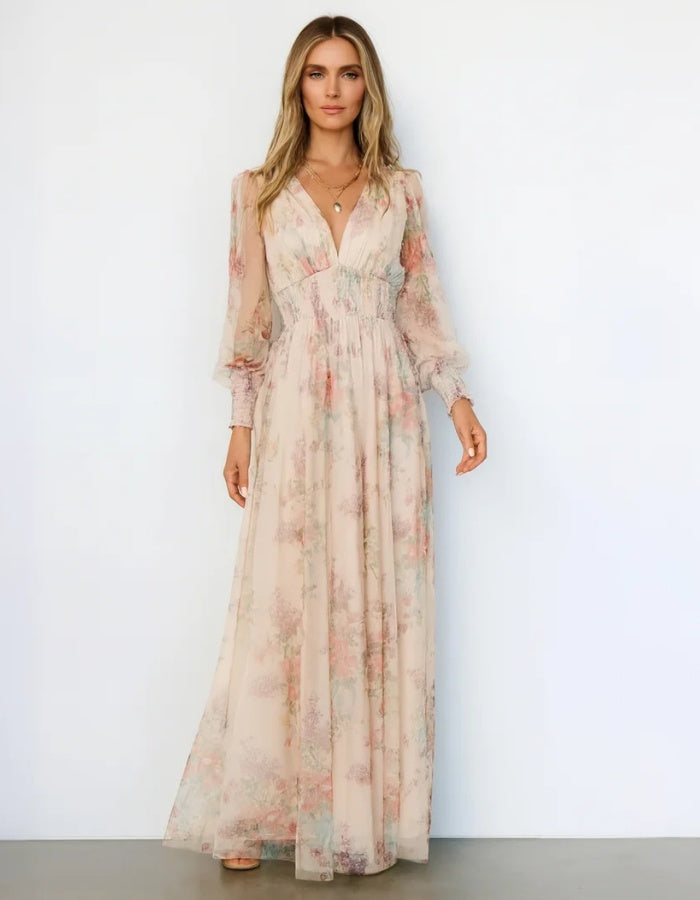 Bohemian Beige Chiffon Gown with Floral Print and Sheer Sleeves