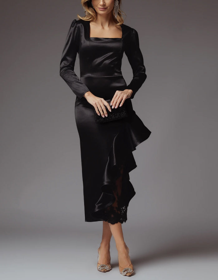 Square Neck Satin Long Sleeves Tights Midi Dress