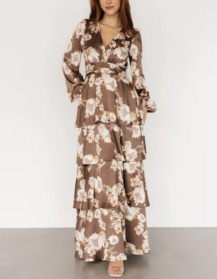 Mocha Satin Print Maxi Dress