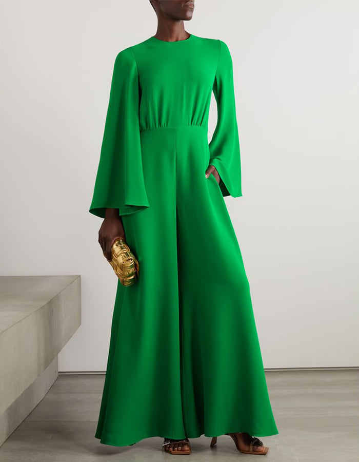 Green Round Neck Flared Sleeve Jumpsuit