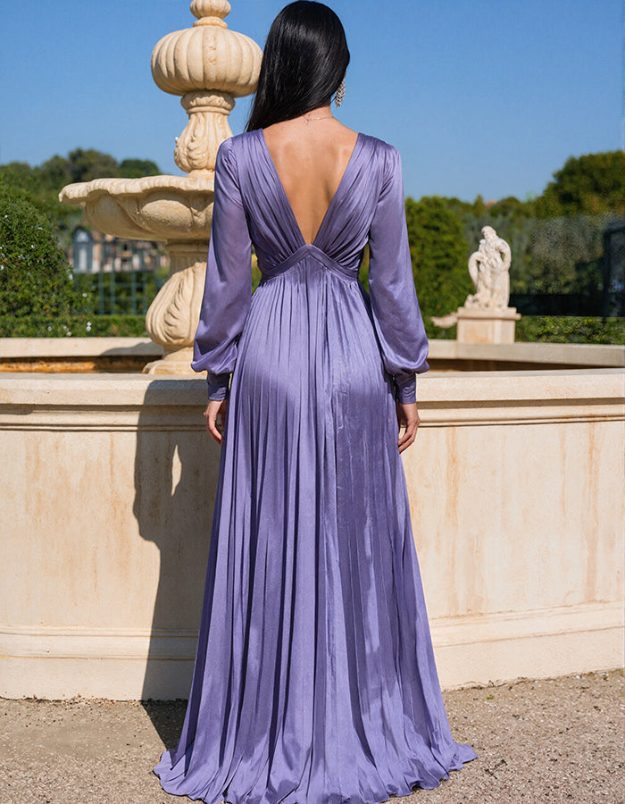 Purple V-neck Long-sleeved Pleated Maxi Dress