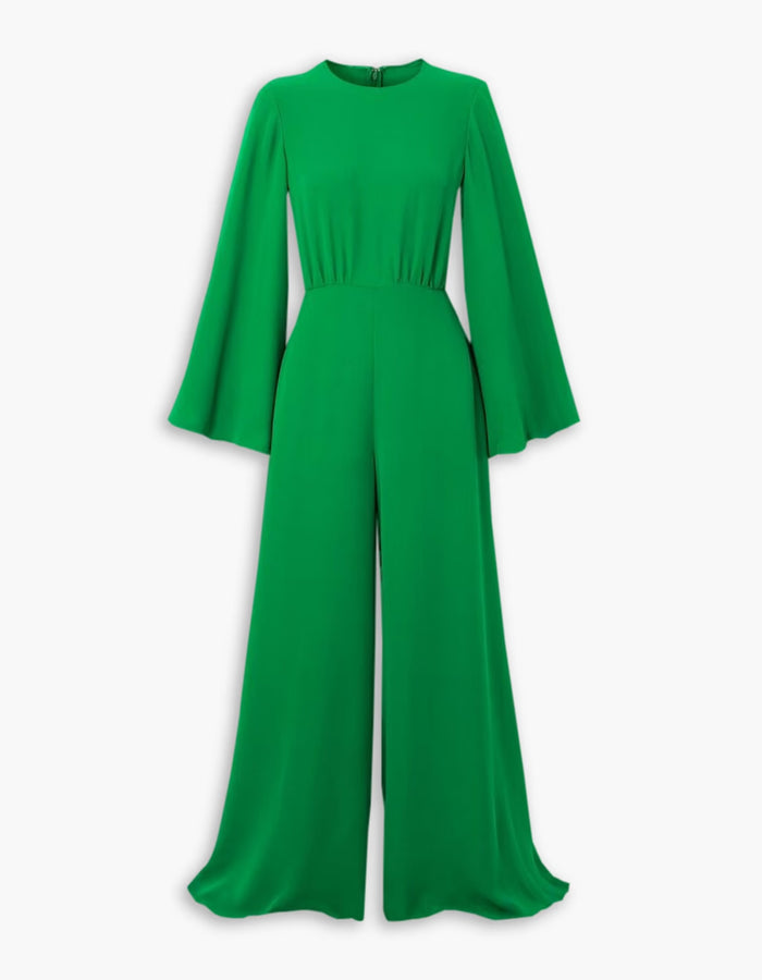 Green Round Neck Flared Sleeve Jumpsuit
