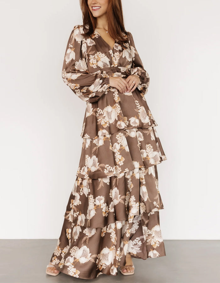 Mocha Satin Print Maxi Dress