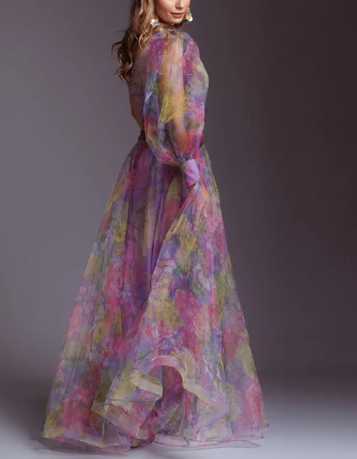 Elegant Organza Gown with Asymmetrical Neckline and Floral Appliqué