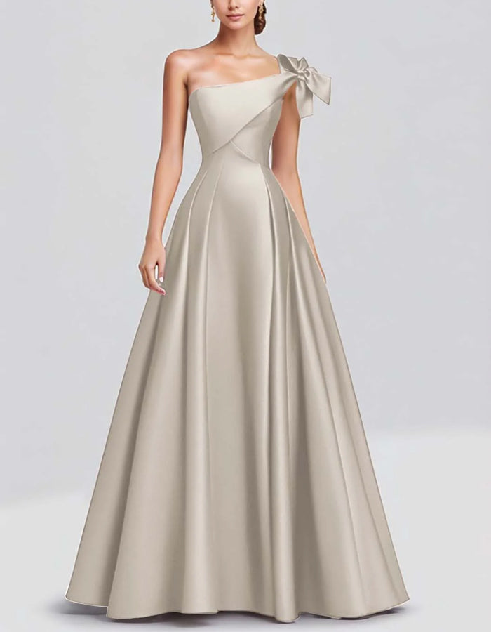 Solid Color A-line One Shoulder Bow Satin Maxi Dress