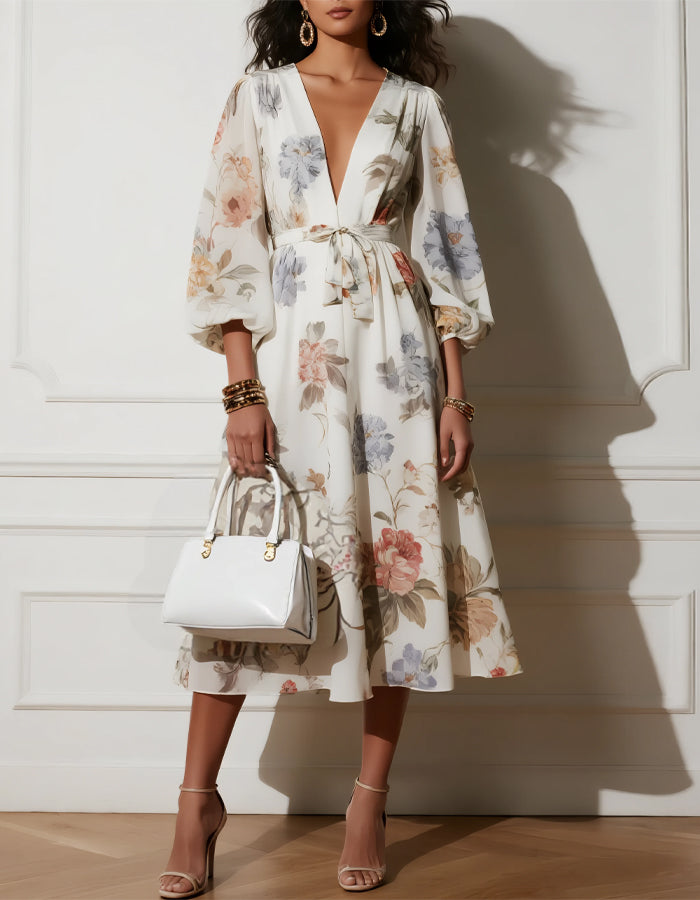 White V-neck Chiffon Print Midi Dress