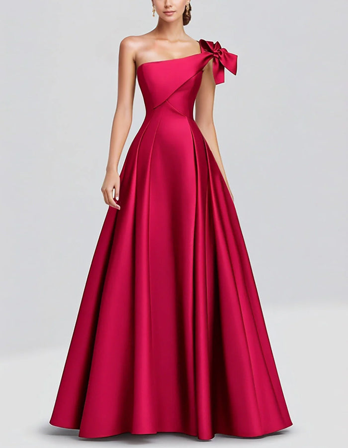 Solid Color A-line One Shoulder Bow Satin Maxi Dress
