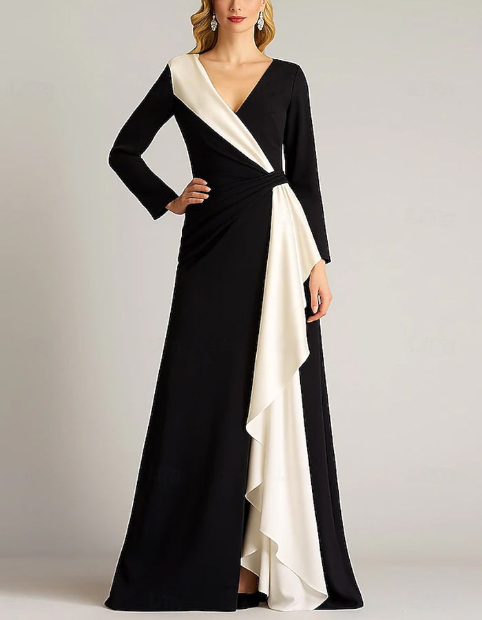 Black A-line Long Sleeved V-neck Maxi Dress