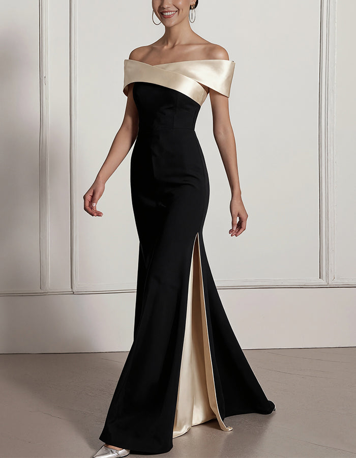 Robe longue noire à épaules dénudées et fentes latérales