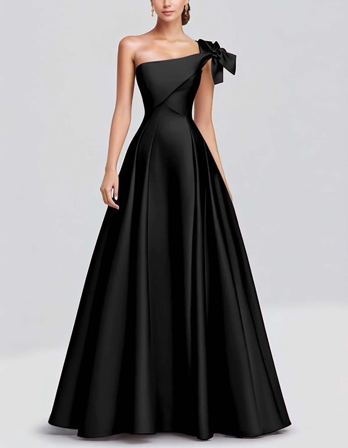 Solid Color A-line One Shoulder Bow Satin Maxi Dress
