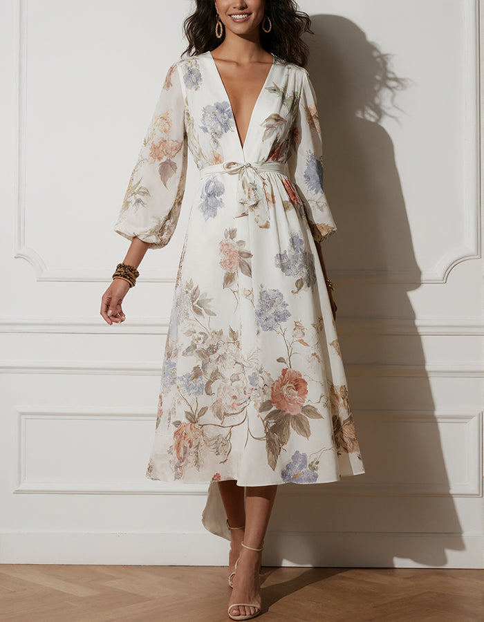 White V-neck Chiffon Print Midi Dress