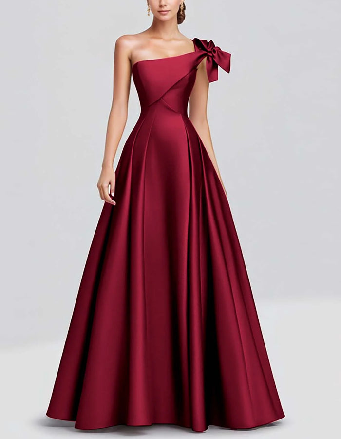 Solid Color A-line One Shoulder Bow Satin Maxi Dress