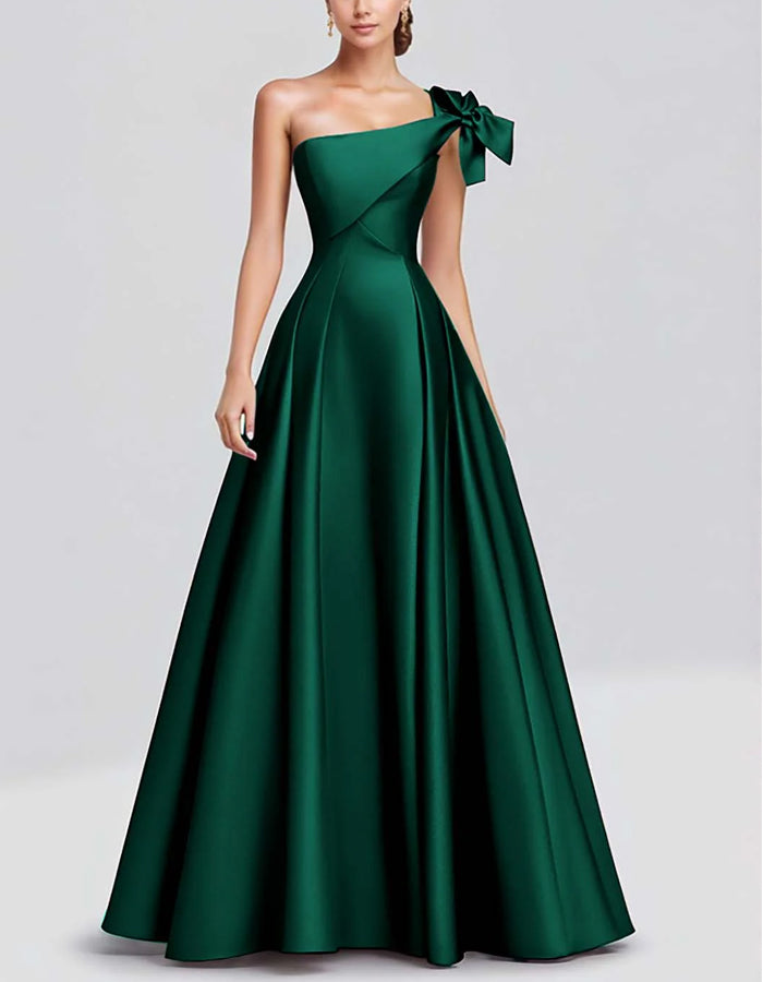 Solid Color A-line One Shoulder Bow Satin Maxi Dress