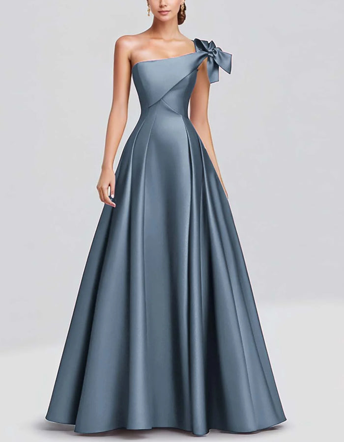 Solid Color A-line One Shoulder Bow Satin Maxi Dress