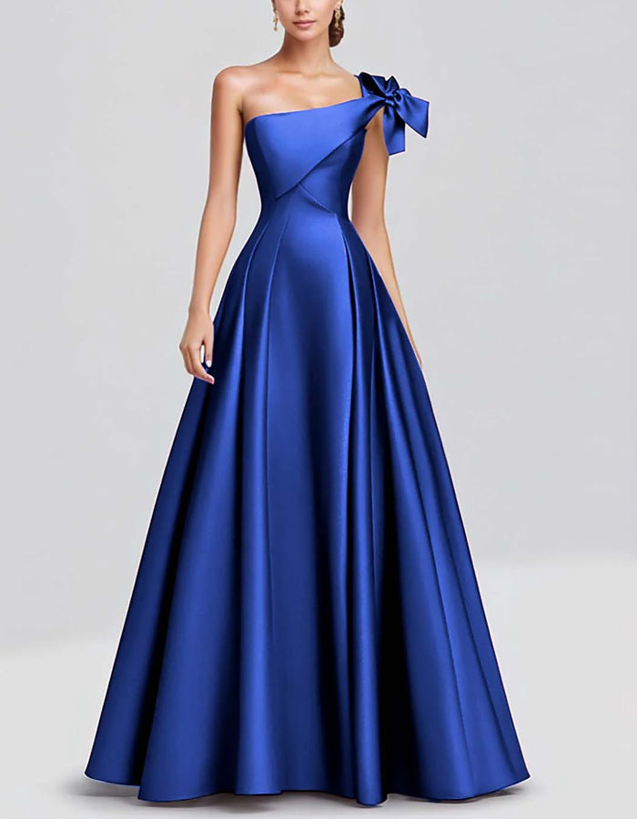 Solid Color A-line One Shoulder Bow Satin Maxi Dress
