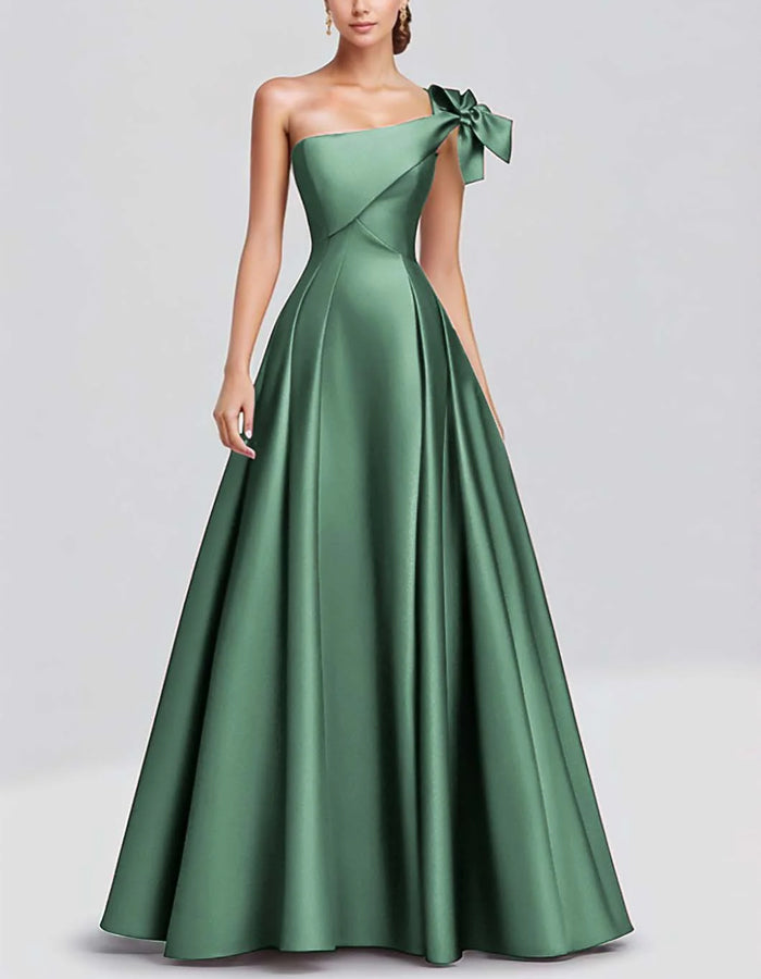 Solid Color A-line One Shoulder Bow Satin Maxi Dress