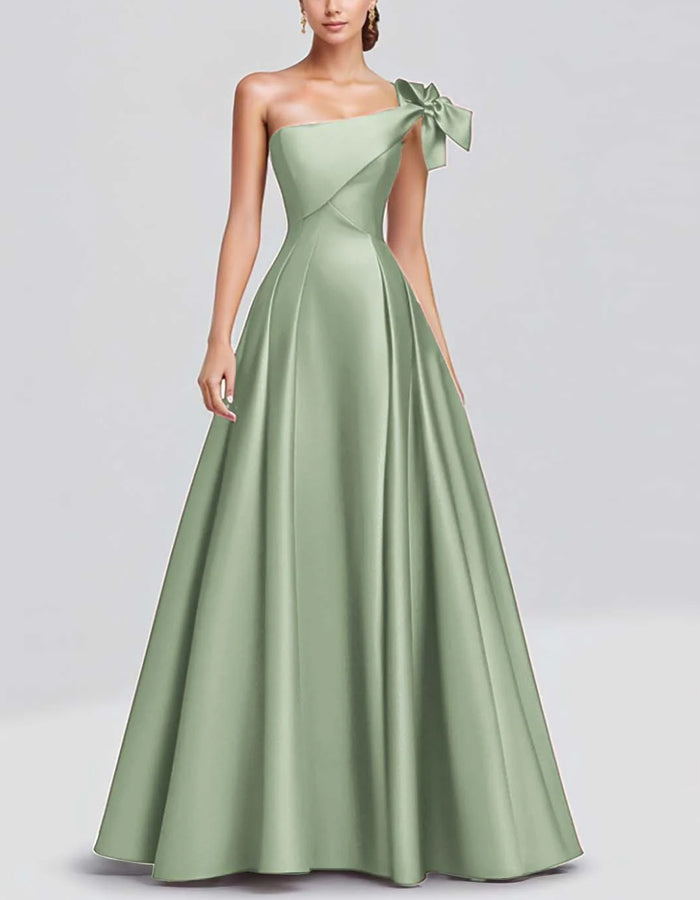 Solid Color A-line One Shoulder Bow Satin Maxi Dress