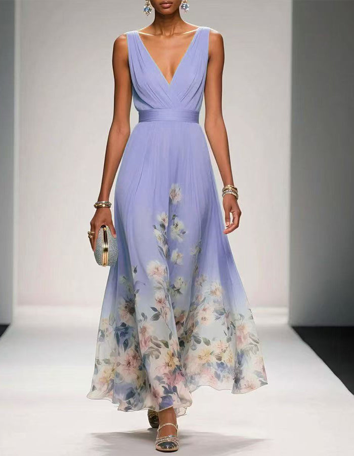 Romantic Light Blue Chiffon Gown with Floral Hem and Deep V-Neck