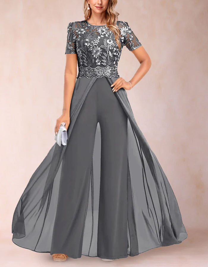 A-line Round Neck Short-sleeved Lace Jumpsuit